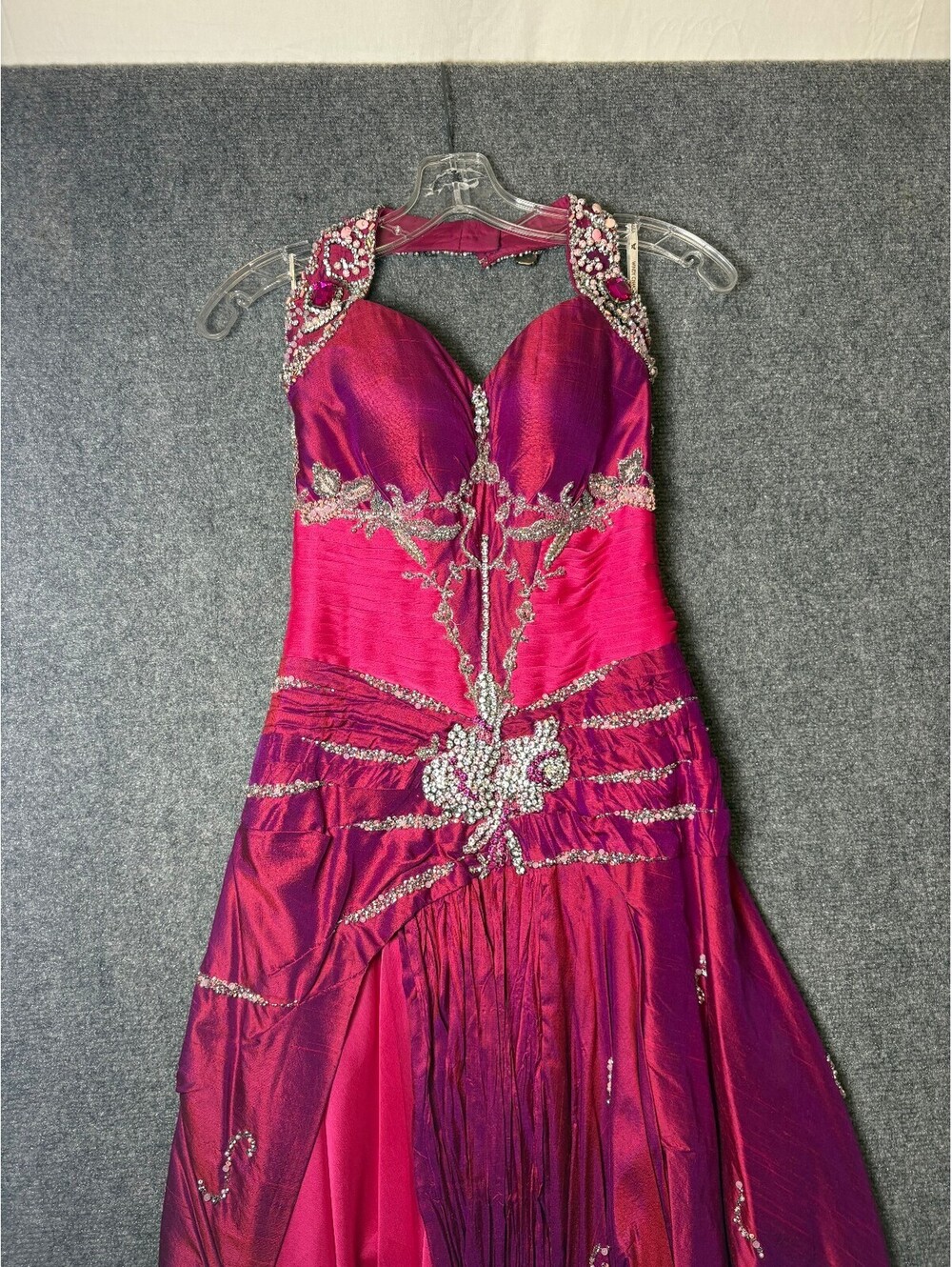 Y2K Fuchsia Beaded Rinestone Evening Gown Halter Neck and Embellished Details